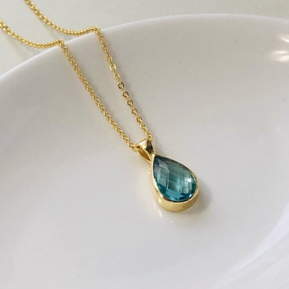 Gold Plated Swiss Blue Quartz Teardrop Pear Shape Necklace - Picture 1 of 9